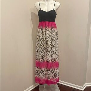 Three Hearts Black Bodice Maxi Dress with Pink and Cream Patterned Skirt